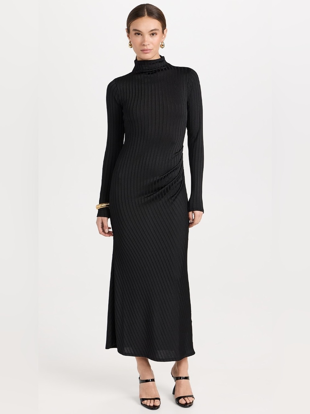 *NWT* Good American Women’s Black Shine Rib Funnel Tuck Midi Dress, Size Large - Picture 6 of 14